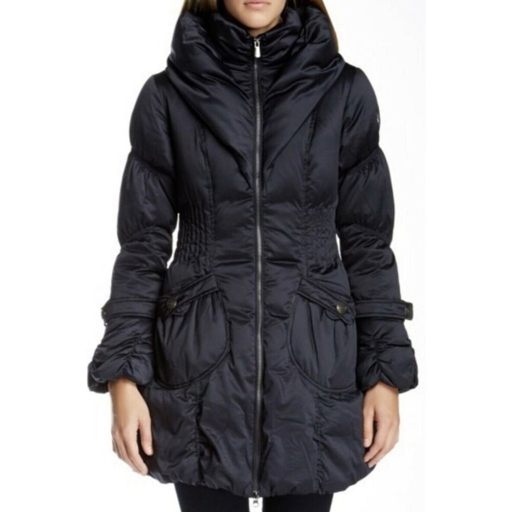 $420 HAPPY GOAT LUCKY Paris Puffer Coat Navy 650 Down Parka Funnel Collar Jacket